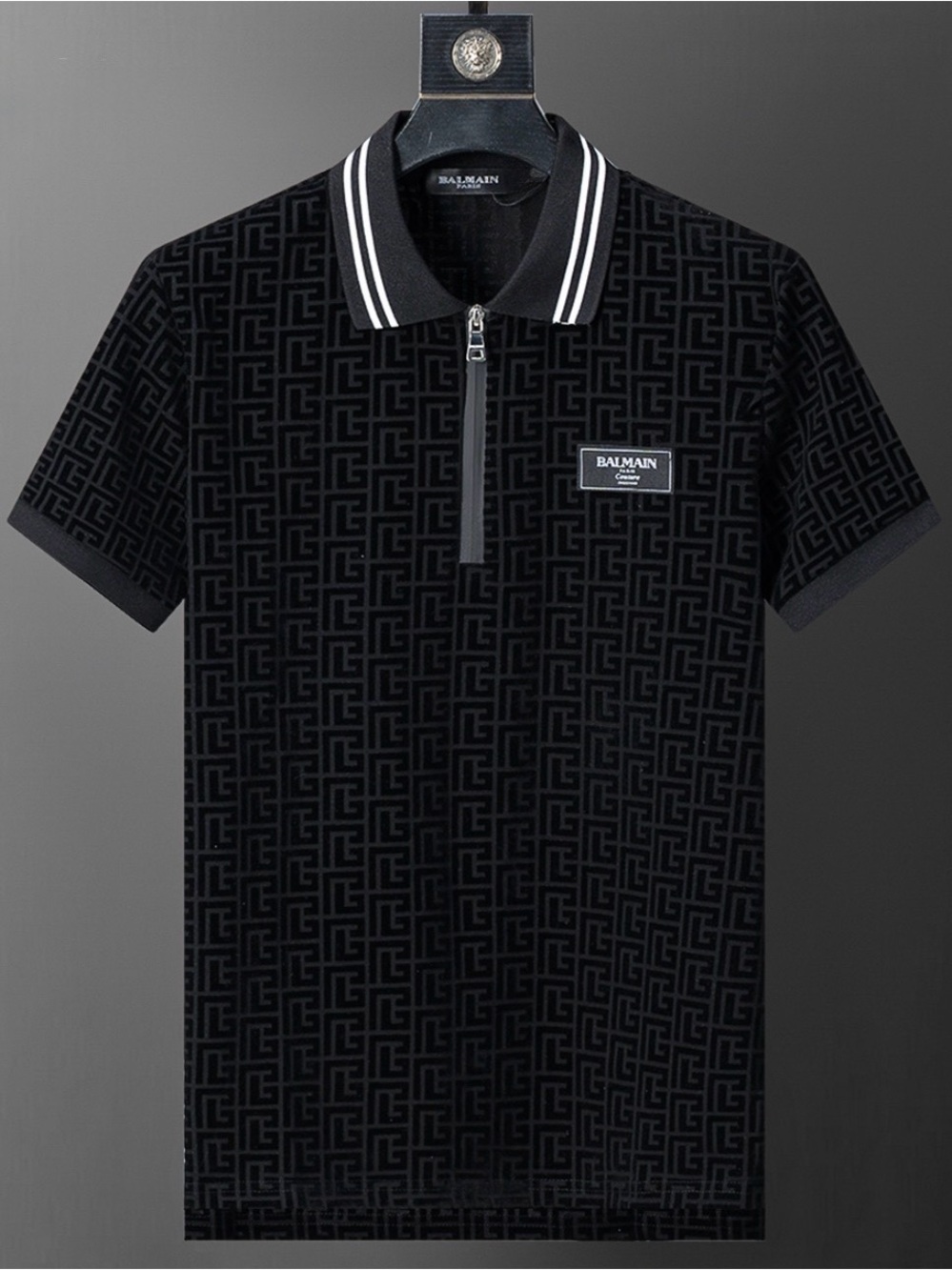 Balmain Black Geometric Zip Polo with Contrast Stripe Collar